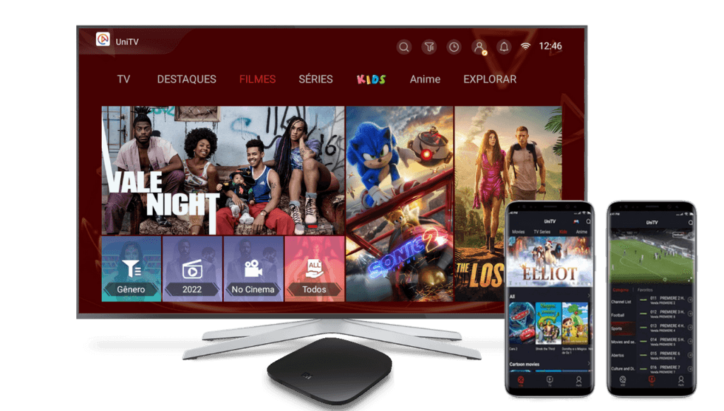 Aplicativo UniTV em execução na Smart TV, aparelho TV Box e celulares Android com Recarga UniTV ativa